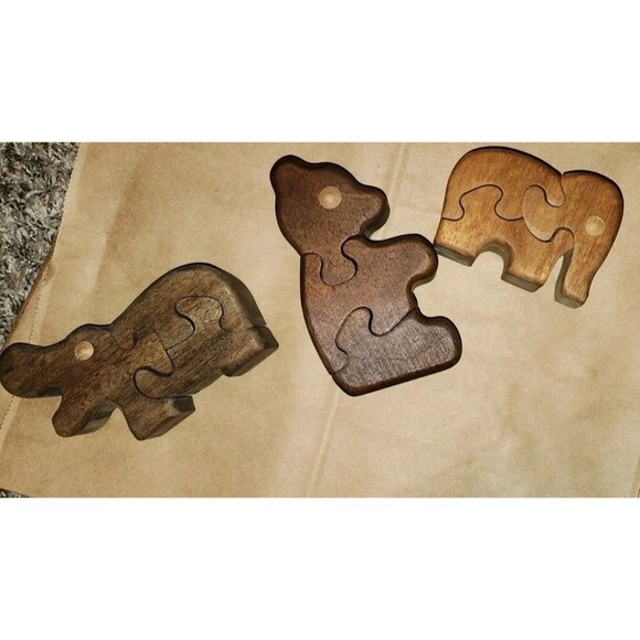 Vintage 3D Wooden Puzzle Hippo, Bear, And Elephant - Picture 1 of 4